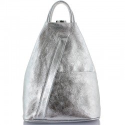 Mały srebrny skórzany plecak damski Vera Pelle - Made in Italy