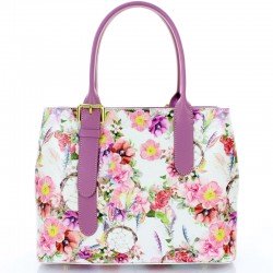 Vera Pelle - skórzana włoska torebka-kuferek, biała + flora