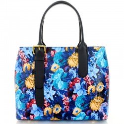 Vera Pelle - skórzana włoska torebka-kuferek, granatowa + kwiaty